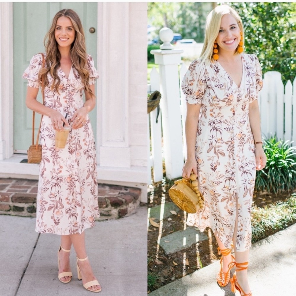 Gal Meets Glam 11G White Floral Midi Dress Puff Sleeve Button Front Size‎ 12